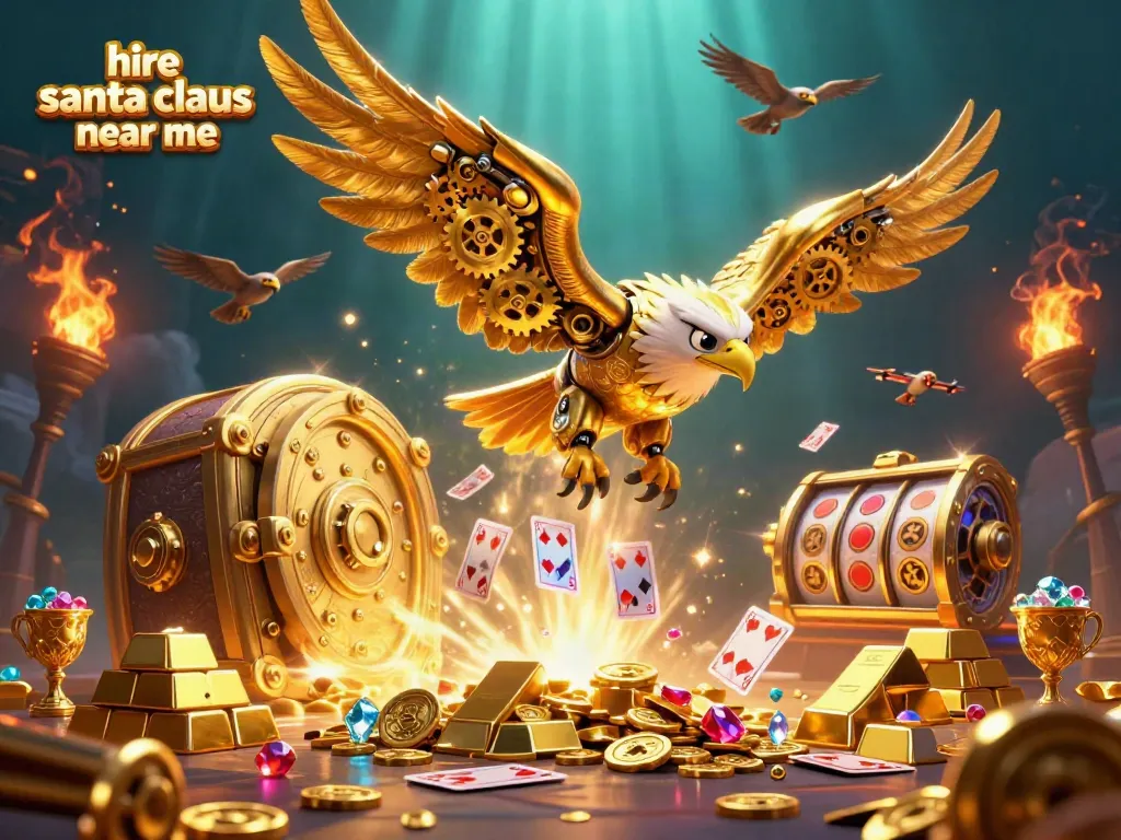 Engaging scene depicting a cybernetic eagle and playing cards as you hire santa claus near me for festive events.
