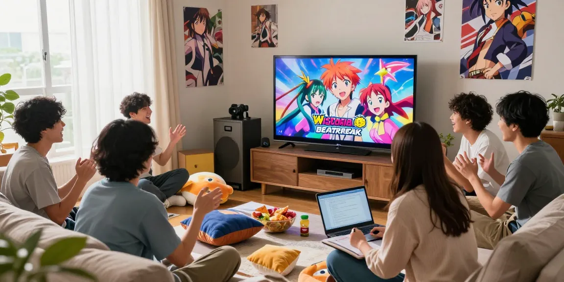 Diverse group enjoying anime together in a cozy living room while discussing the latest episodes from https://animehay.zip/.