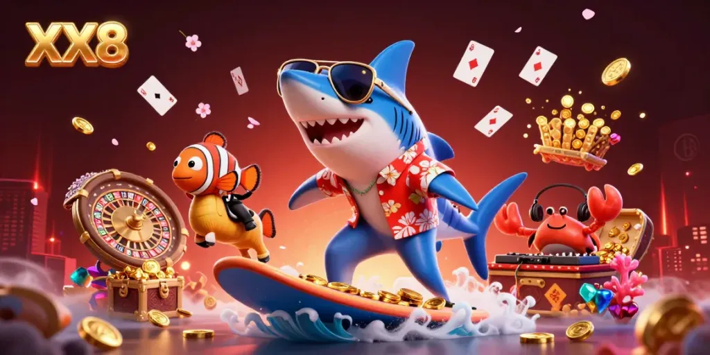 Surf winning strategies with XX8 in an exciting underwater casino-themed illustration.