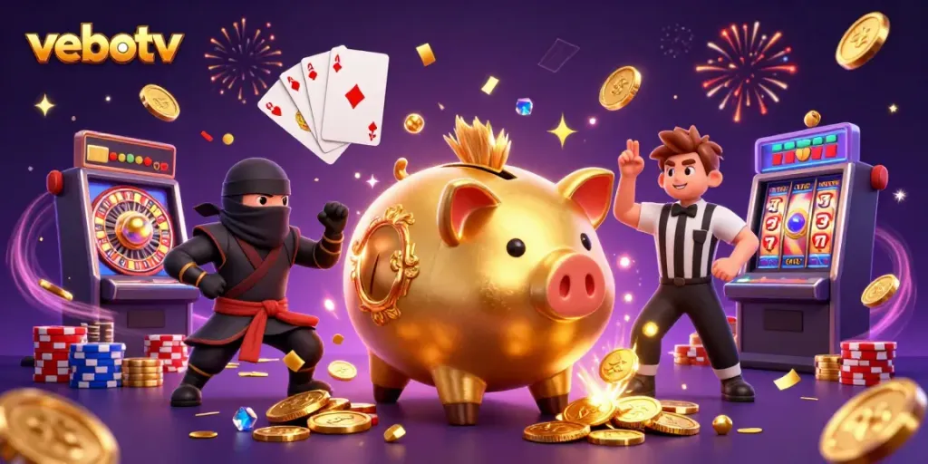 Engage with vebotv's dynamic gaming scene featuring colorful characters and flowing coins.