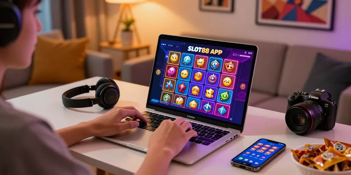 Engaging gameplay experience with slot88 apk on laptop in a cozy gaming environment.
