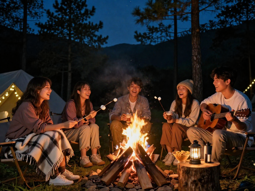 Group of friends enjoying a campfire evening with Motchill, highlighting cozy moments and shared laughter.