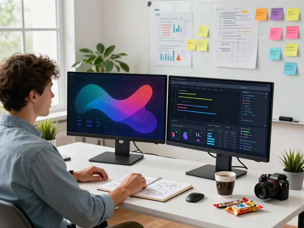 Workspace digital marketing dengan analitik istanawin dan ide strategi di papan tulis.