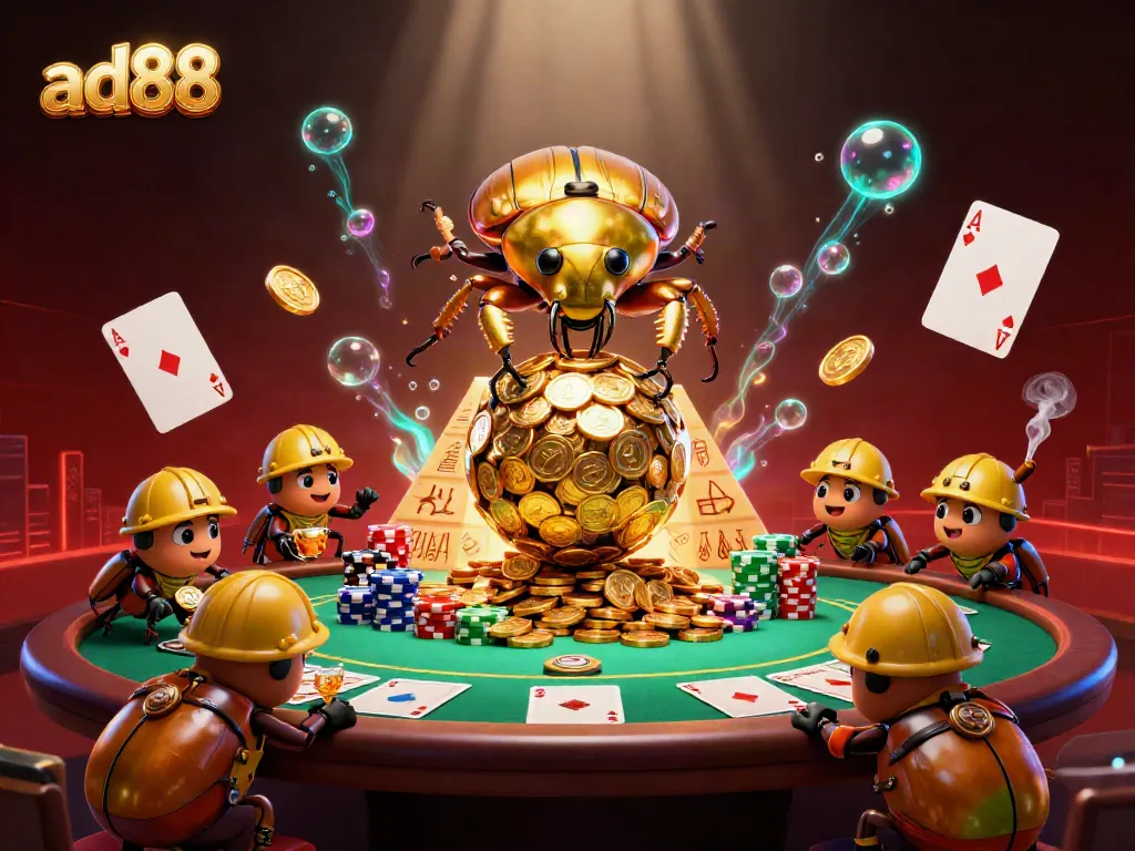Spin to win at ad88 with a golden beetle and casino elements in this vibrant illustration.