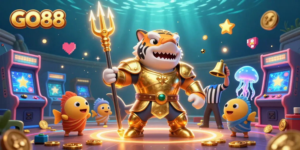 Experience the thrill of GO88 casino with a dynamic underwater scene featuring a 3D tiger shark gladiator.