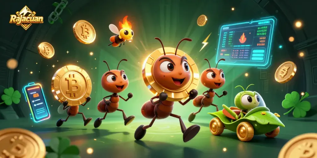 Rajacuan ants steal a giant poker chip in a vibrant 3D casino heist scene.