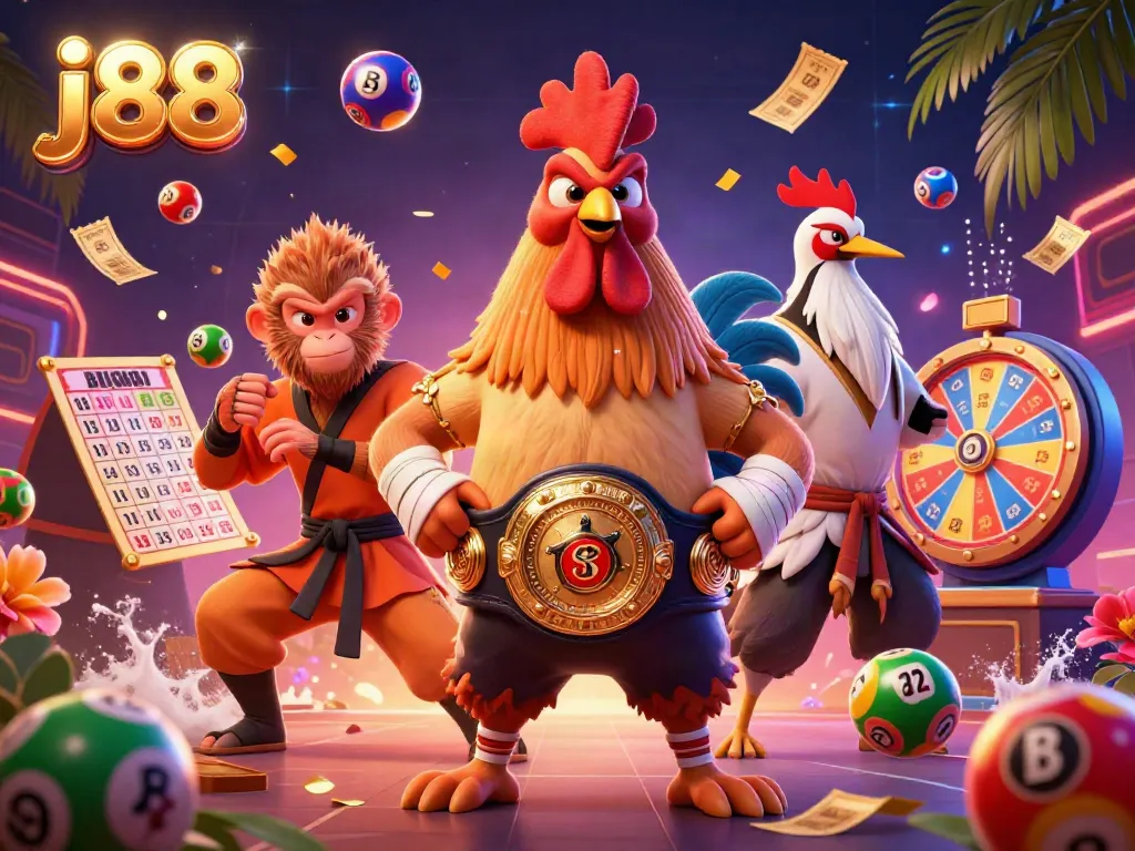 Engage with the exciting j88 gaming scene, showcasing dynamic characters amid vibrant casino elements.
