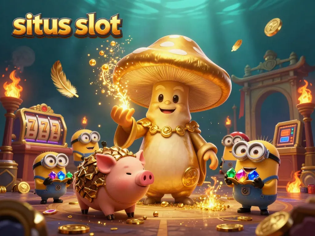 Engage with thrilling situs slot action featuring a magical mushroom wizard conjuring gold amidst a vibrant casino.