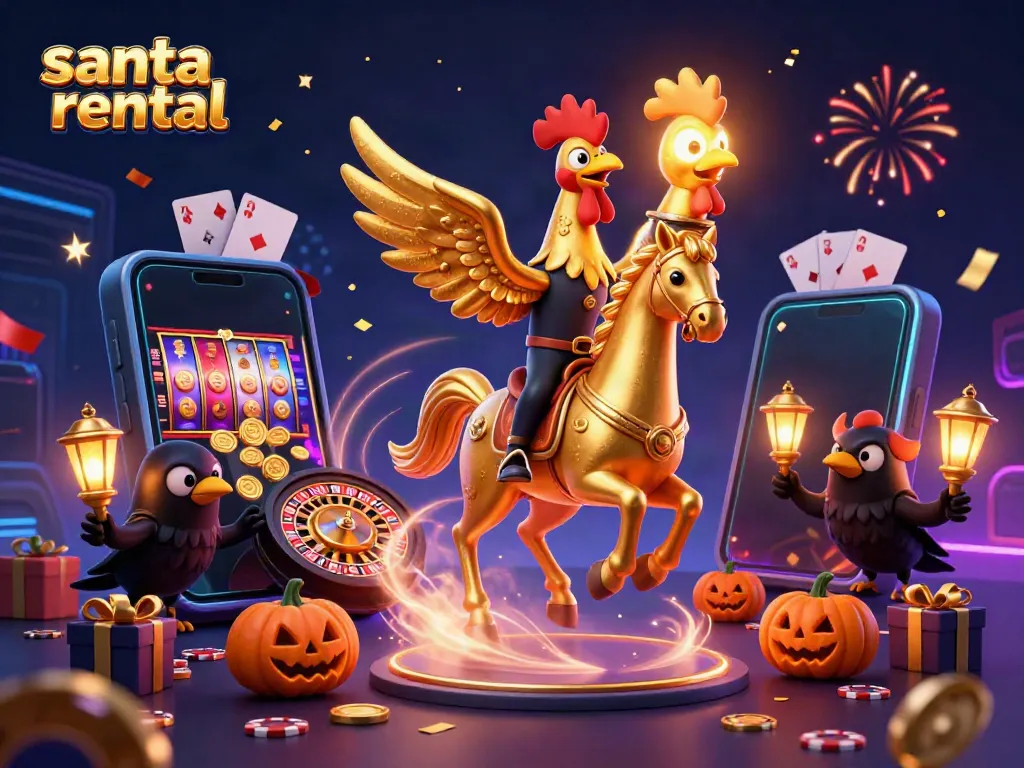 Experience the magic of santa rental in a vibrant casino scene, featuring a golden rooster Santa and dynamic game elements.