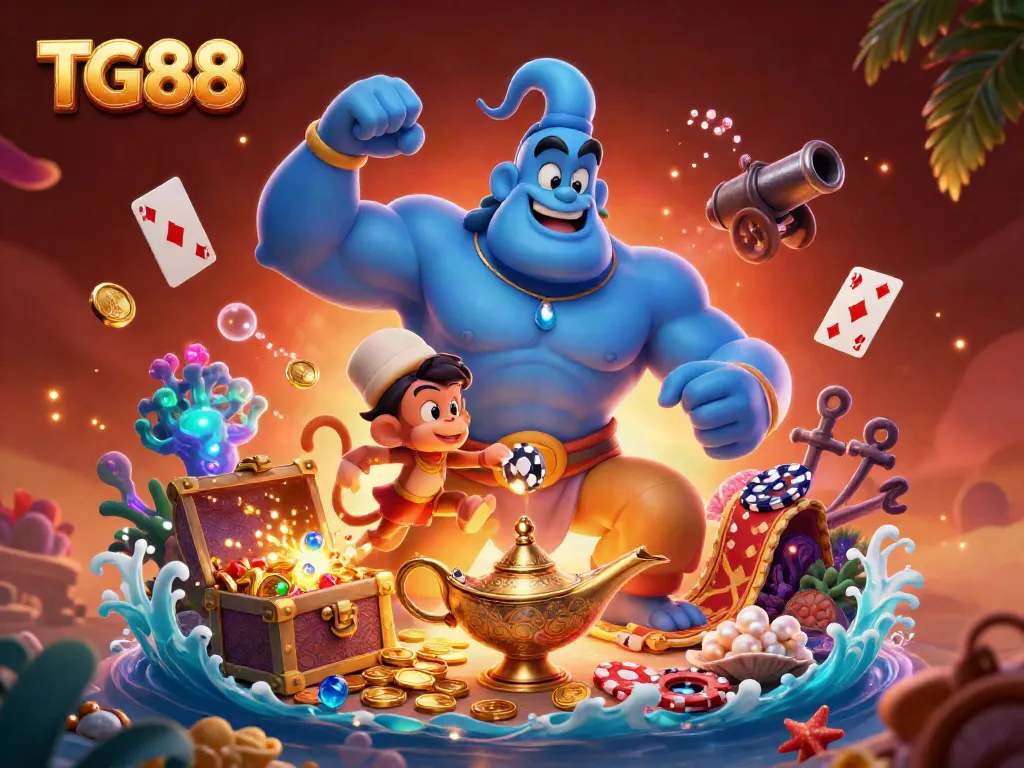 Join the magical journey with TG88 featuring a blue genie, poker chips, and vibrant treasures in a casino-themed illustration.