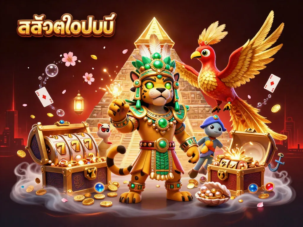Experience the thrilling world of สล็อตออนไลน์ with a Mayan jaguar priest and quetzal bird, surrounded by vibrant casino elements.