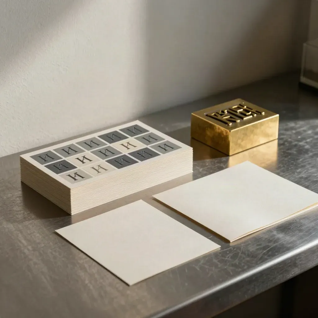 Logo design materials on a studio workbench with brass, embossed cards, and paper samples.