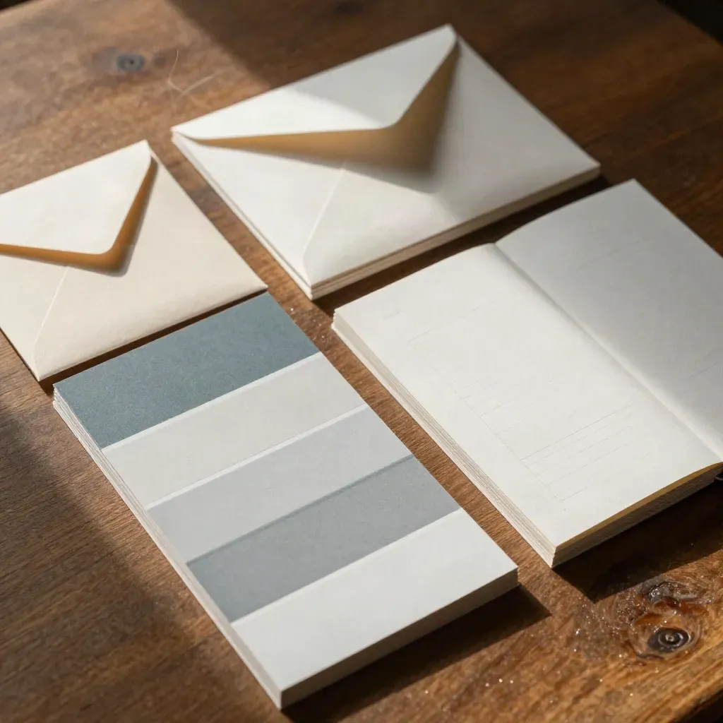 Coordinated brand identity materials arranged in a cozy late-afternoon studio review.