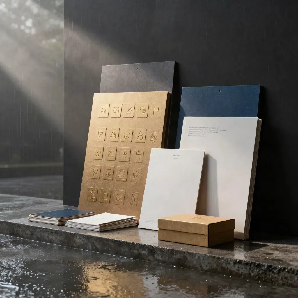 Rain-lit brand identity materials in a dark studio corner with warm gold accents and misty reflections.