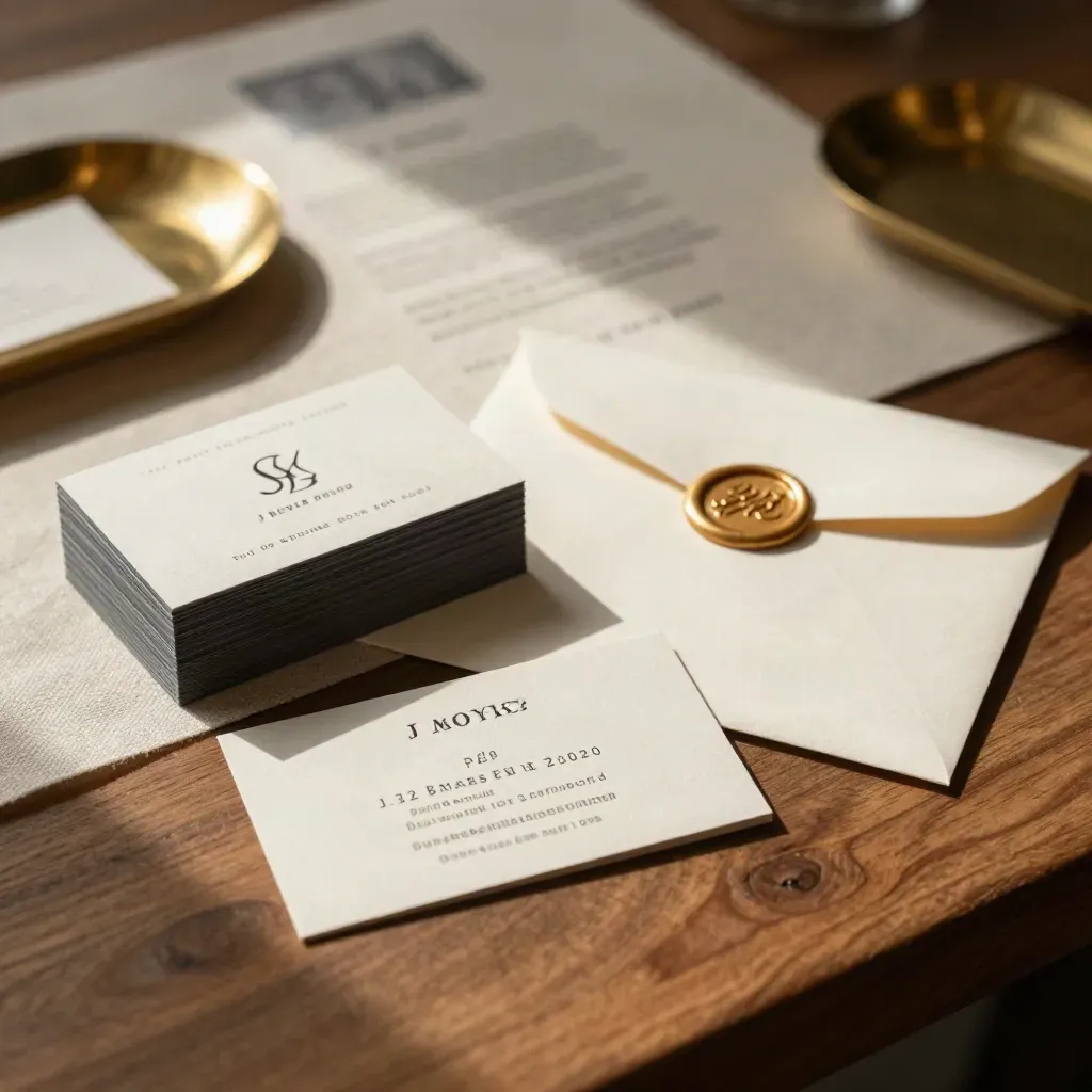 Print collateral suite fanned on a walnut table in warm studio light
