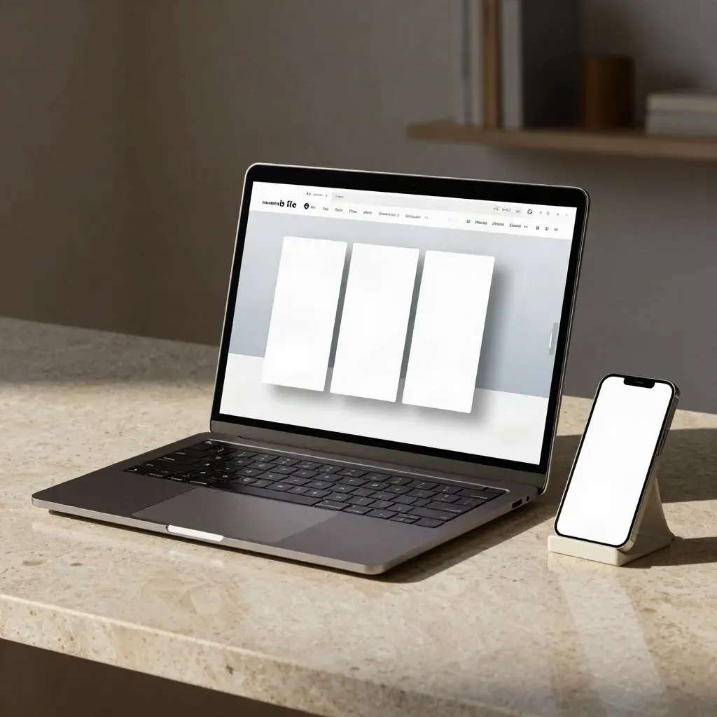 Closed laptop, blank web mockup cards, compact keyboard and phone stand on travertine in soft daylight.