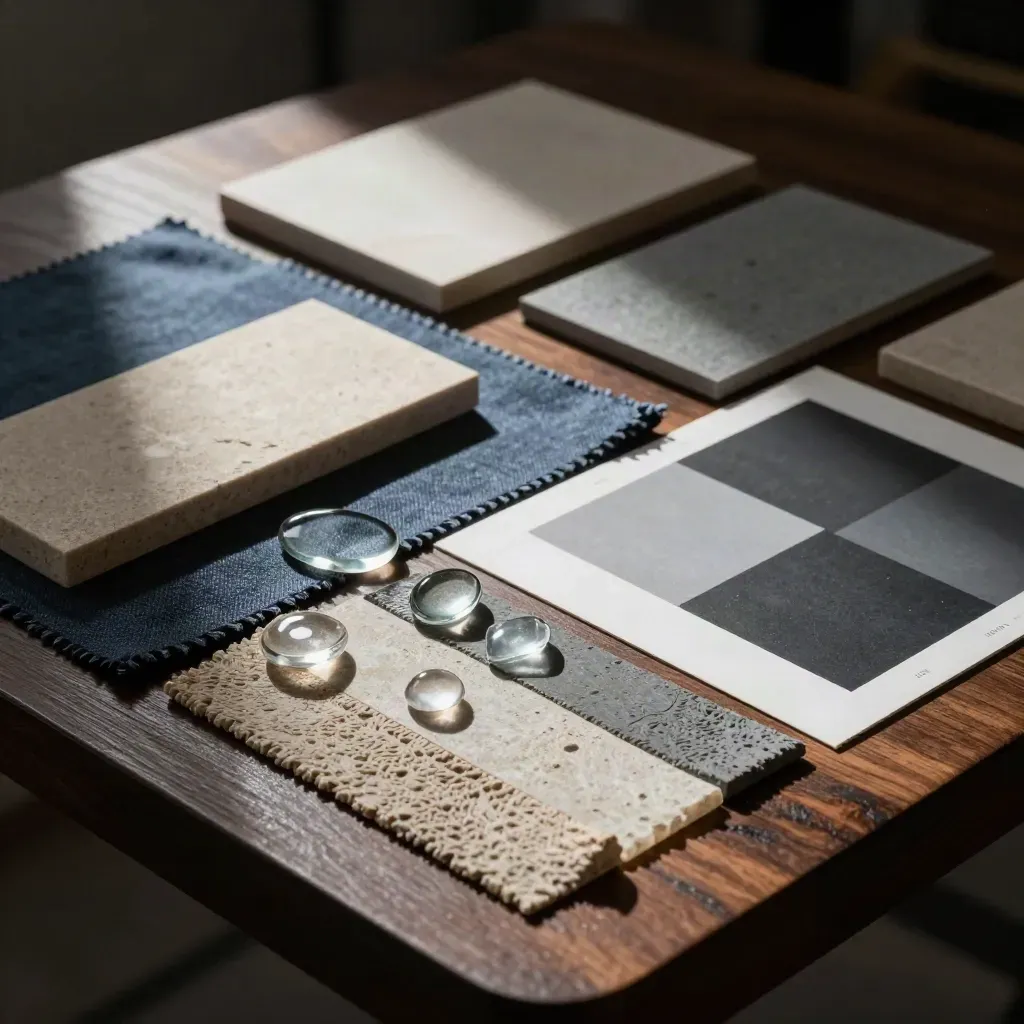 Extreme macro of fabric swatches, stone samples, glass chips and a spotlight test card on a studio table.