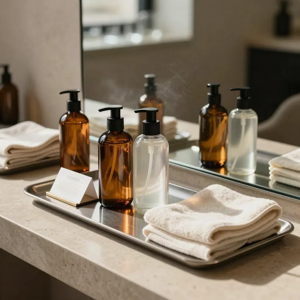 Salon station with bottles, towels, mirrored tray and card holder, ready before opening.