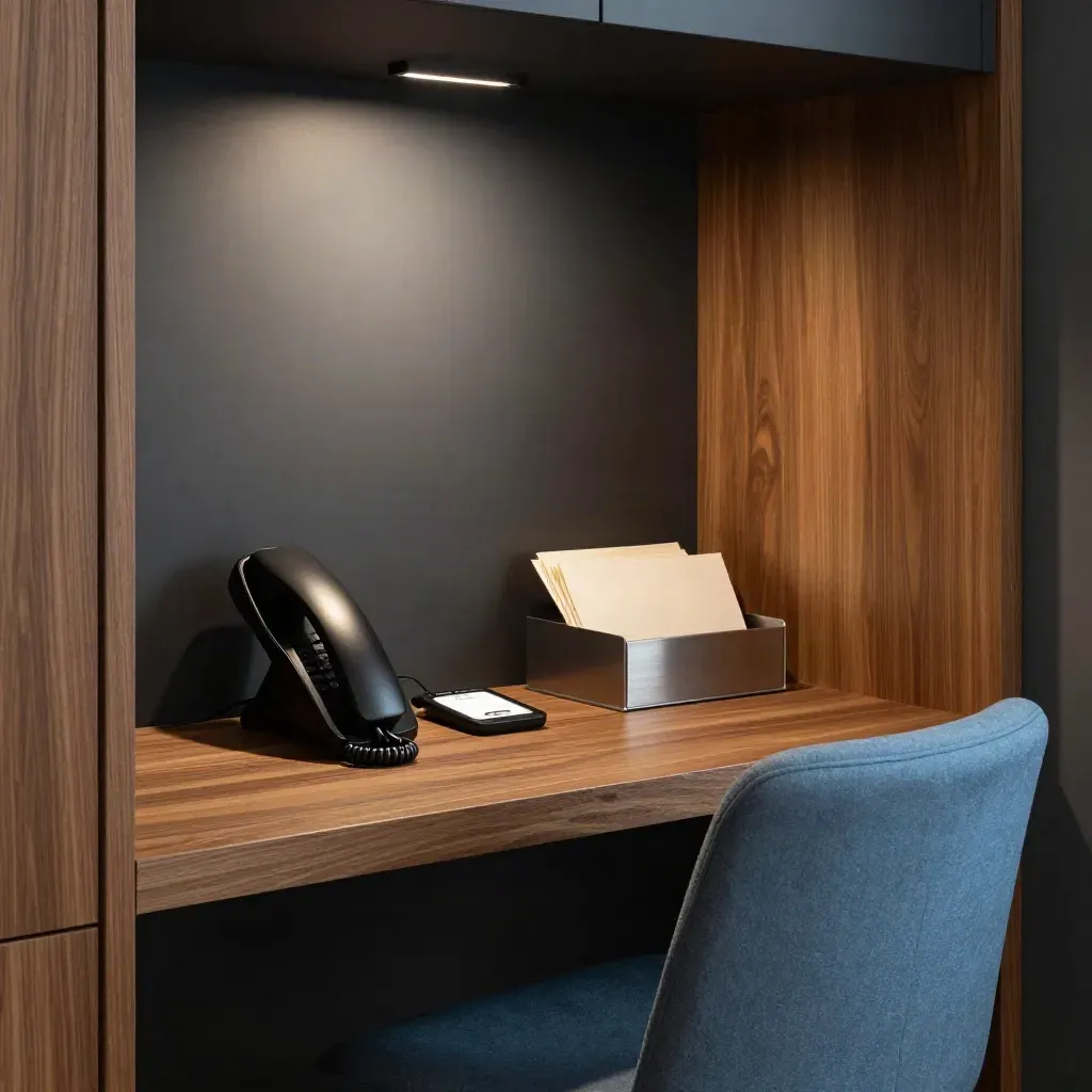 Moody consultation nook with sleek phone, charging cradle, mail tray and slate-blue chair.