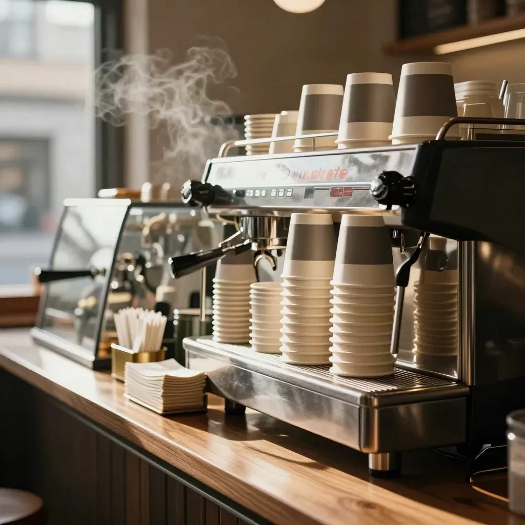 Close café counter with espresso machine, takeaway cups, pastry reflections and steam.