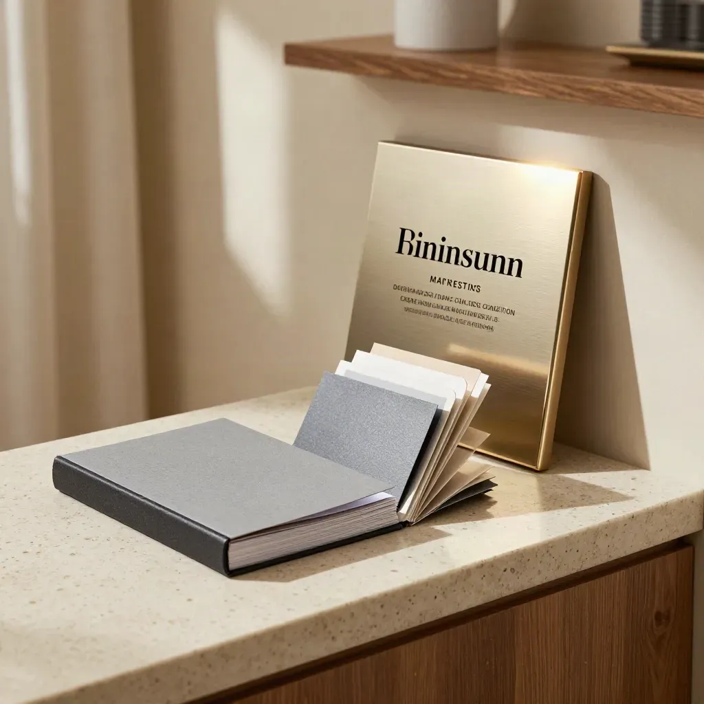 Branded portfolio box, swatch deck, and plaque in a sunlit studio corner