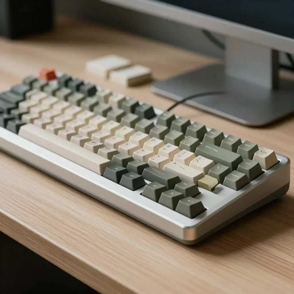 Keyboard, trackpad, cable ties, tile cards and monitor stand on a pale oak bench.