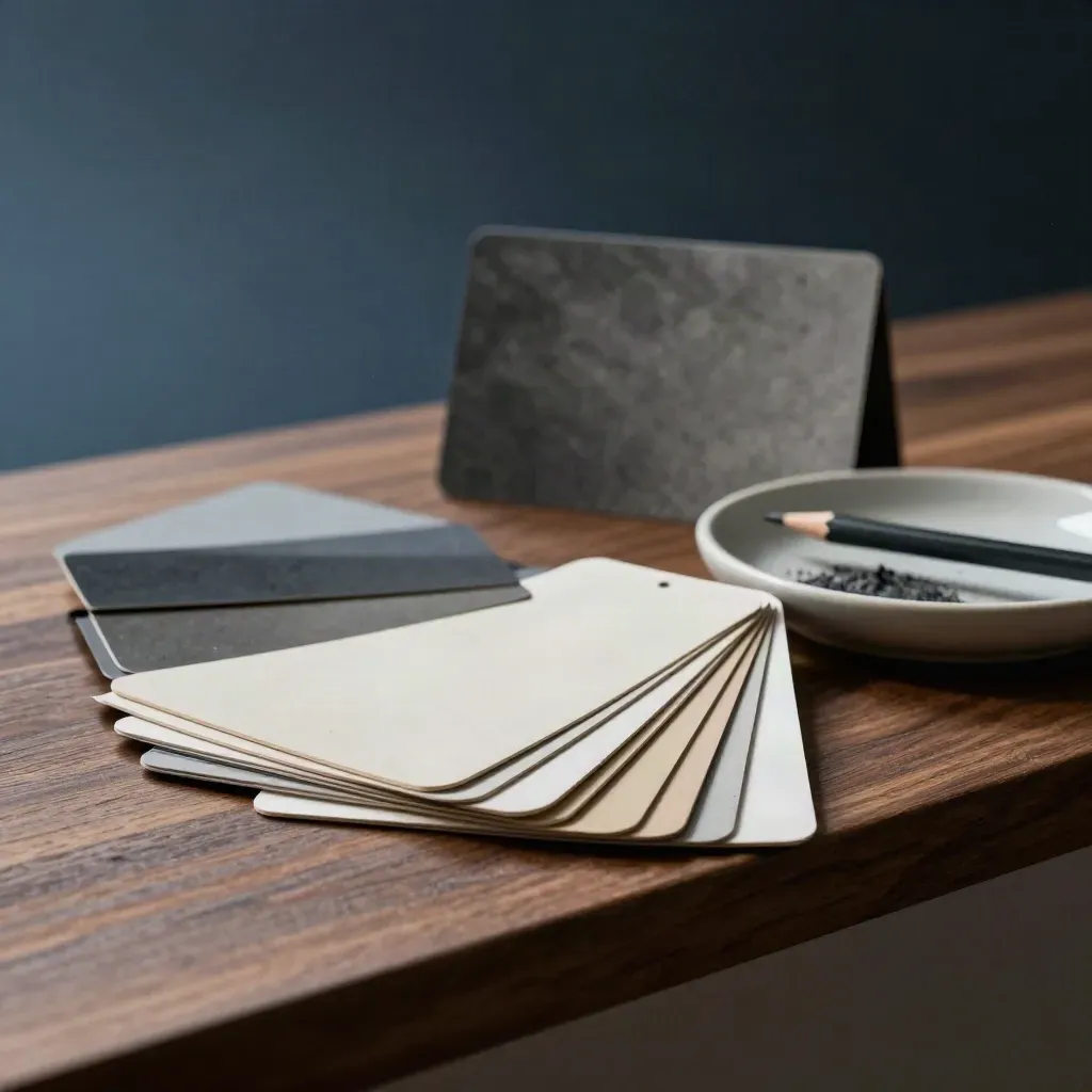 Swatch chips, sample cards, dish, and pencil on a dark walnut studio ledge.