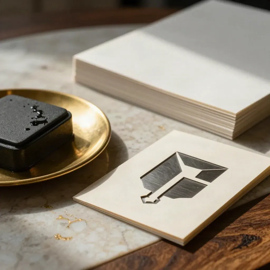 Brass monogram plate with paper swatches, ink stone, and geometric mark model on travertine.