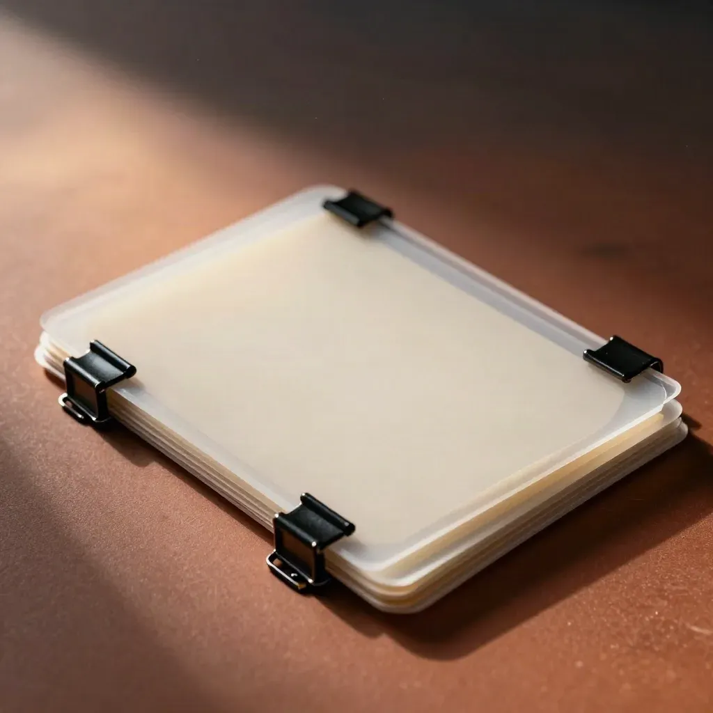 Acetate overlays, gaffer clips, and foam-core edges cross in a sharp macro X on a terracotta table.