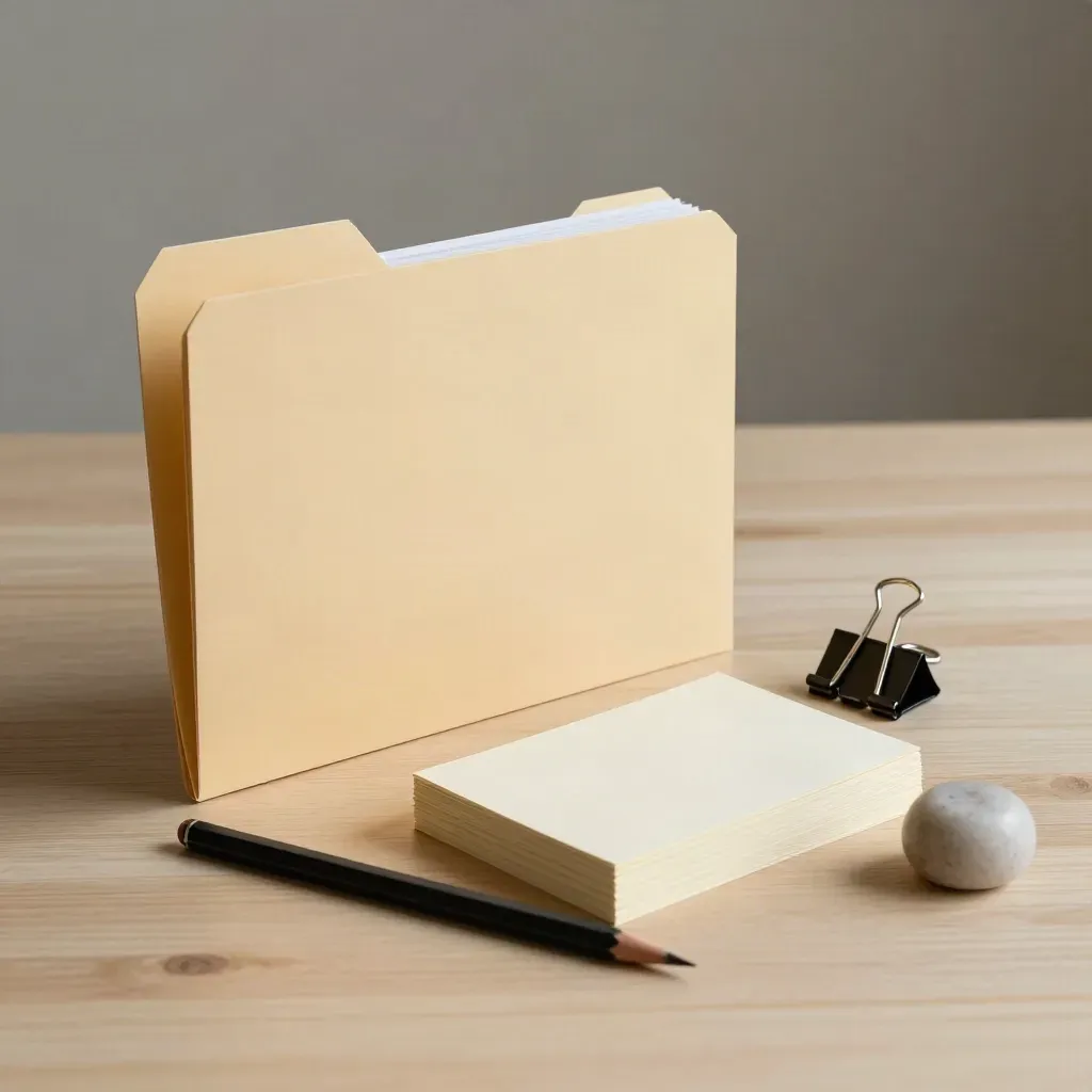 Closed archival folder, note cards, pencil and stone weight on pale wood, soft studio light