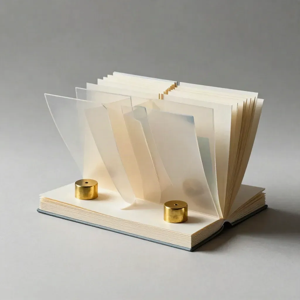 Paper maquette with acetate sheets, layout cards, and brass weights on a plaster sweep