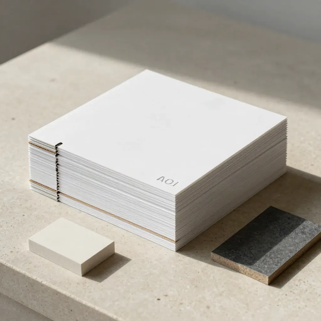 Paper prototypes and clips aligned on a limestone slab with soft side light.