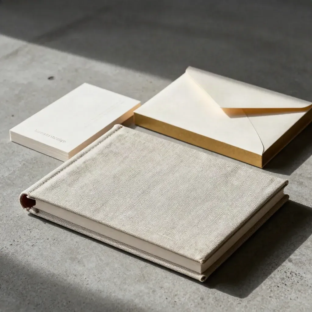 Stationery kit in linen portfolio with embossed cards and a sealed envelope box on concrete.