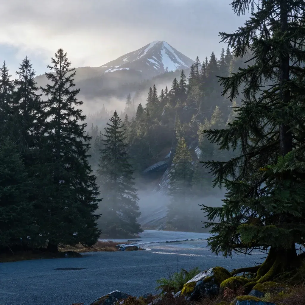 Misty Pacific Northwest cedar valley with a distant snow peak and soft dawn haze
