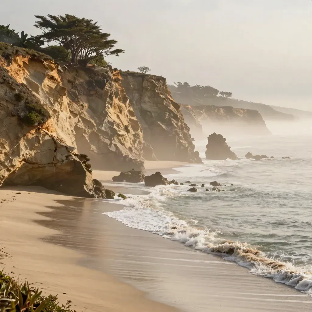 Golden California coast with fog-softened cliffs, eucalyptus and pale surf at sunset.
