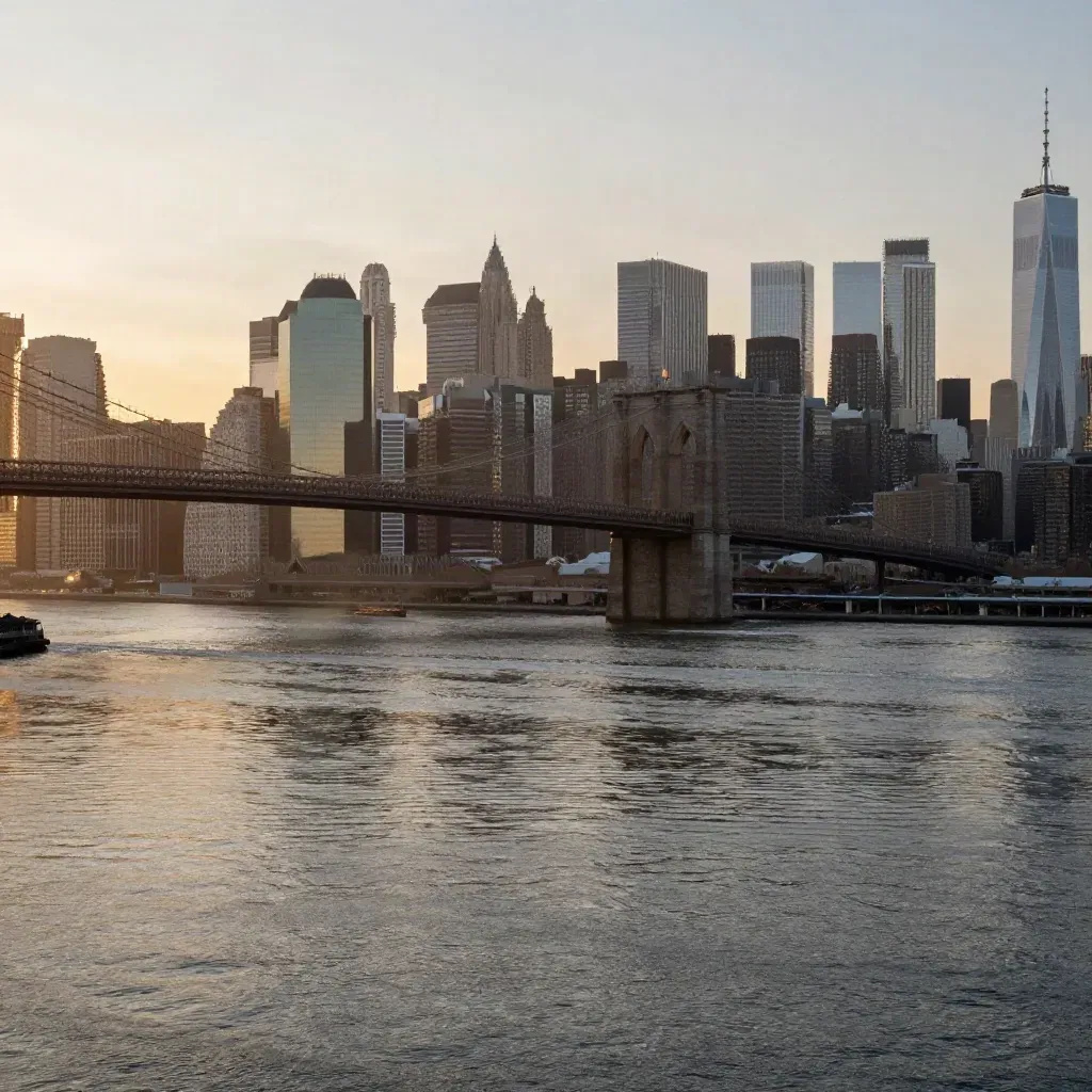 New York skyline and bridges glowing through amber haze above a calm river at dusk