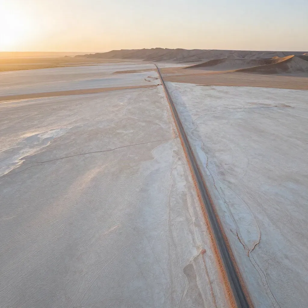 Aerial desert flats with a single road at sunset, calm open space for headline copy.