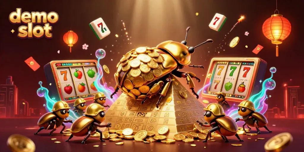 Bermain demo slot dengan simbol kasino dan koin emas yang mempesona