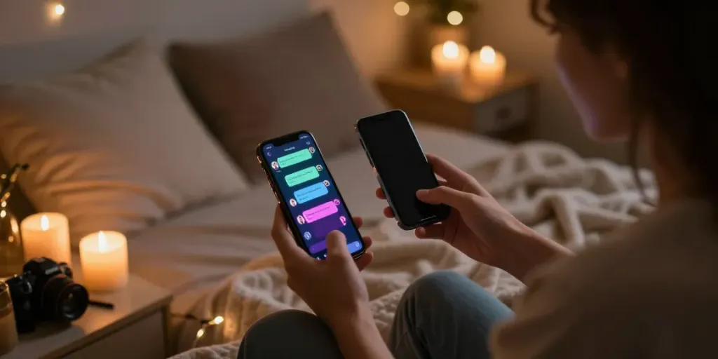 Engaging in free ai sex chat on a smartphone in a cozy, intimate setting.