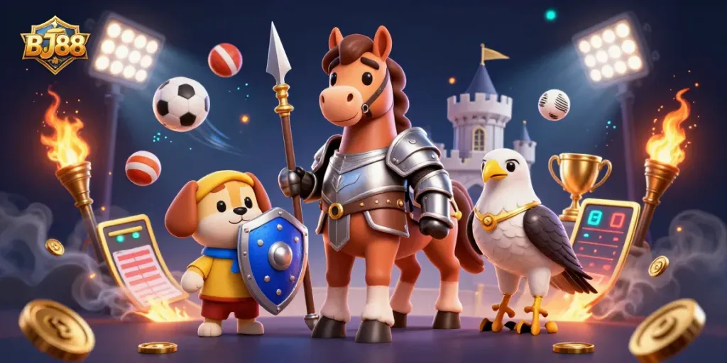 BJ88 captures the excitement of betting with 3D knight, puppy shield, and sports elements.