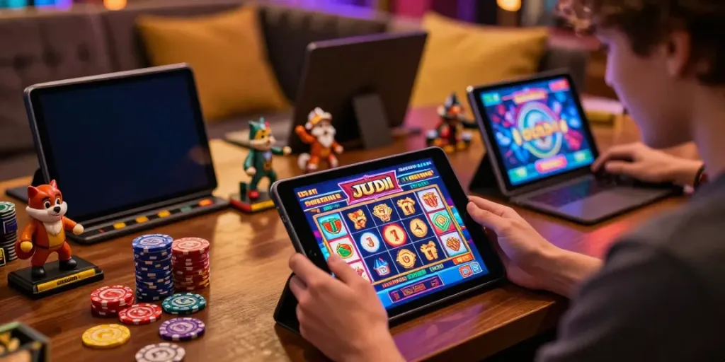 Engaging judi slot online session with vibrant graphics on a tablet surrounded by themed tokens in a cozy setting.