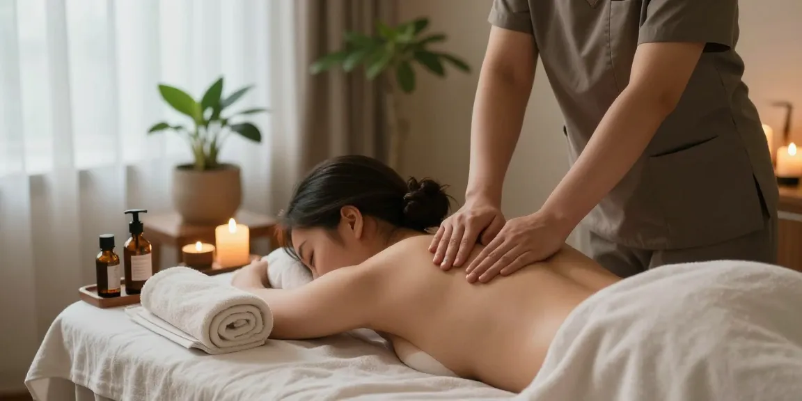 신촌출장안마 in a tranquil spa setting with soft lighting and natural elements.