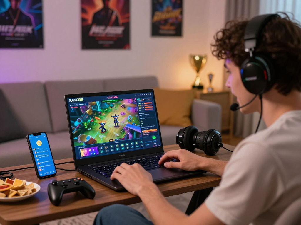 Engaged user exploring link raja328 on an online gambling platform in a cozy home environment.
