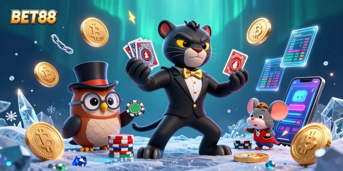 Engaging BET88 casino scene showing a tuxedoed panther, wise owl, and lucky mouse around vibrant poker elements.