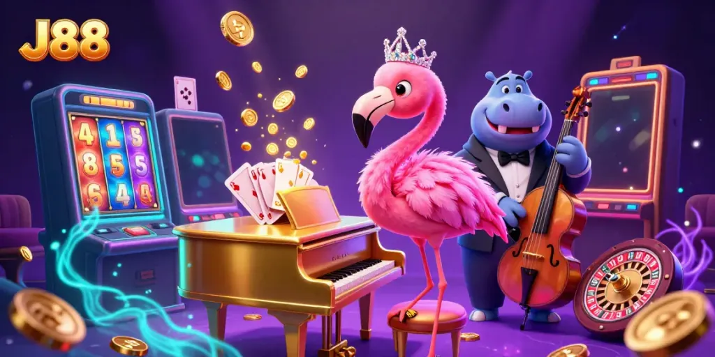 Experience J88's vibrant casino atmosphere with a flamingo singer and hippo bassist among slot game elements.