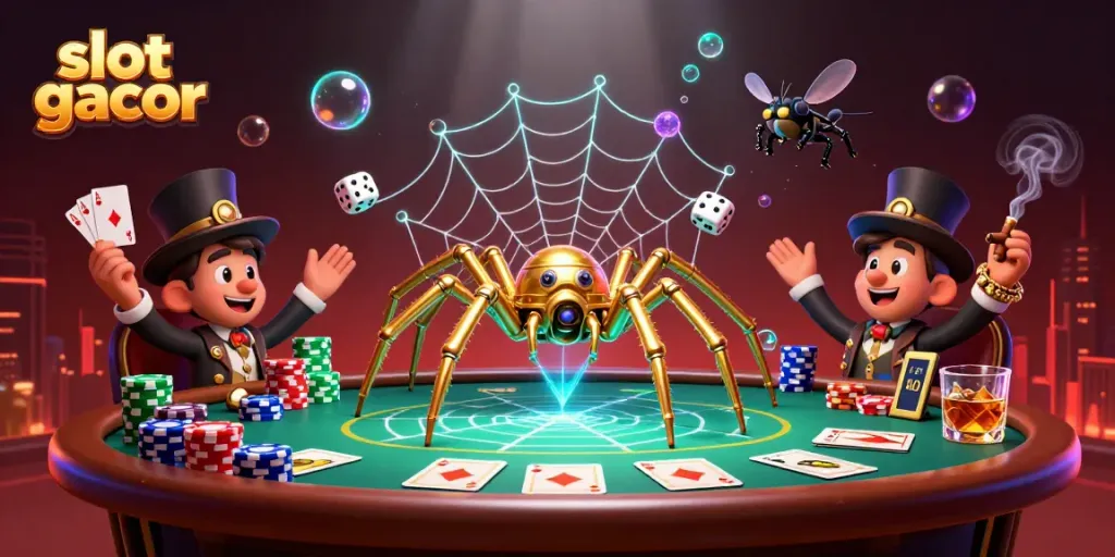 Slot gacor menarik perhatian pemain dengan ilustrasi kasino yang dinamis dan penuh detail.