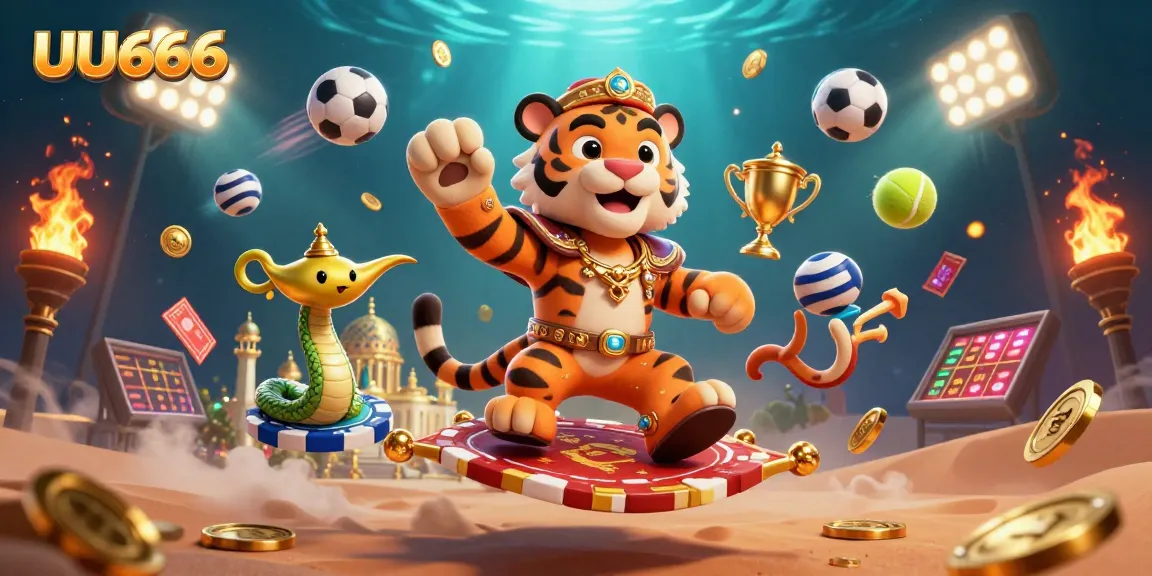 Join the excitement of UU666 with this vibrant 3D casino scene featuring sports balls and gaming elements.