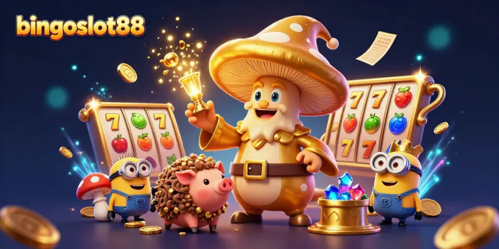 Ilustrasi 3D menarik bingoslot88 dengan karakter penyihir jamur emas dan gulungan slot penuh harta.
