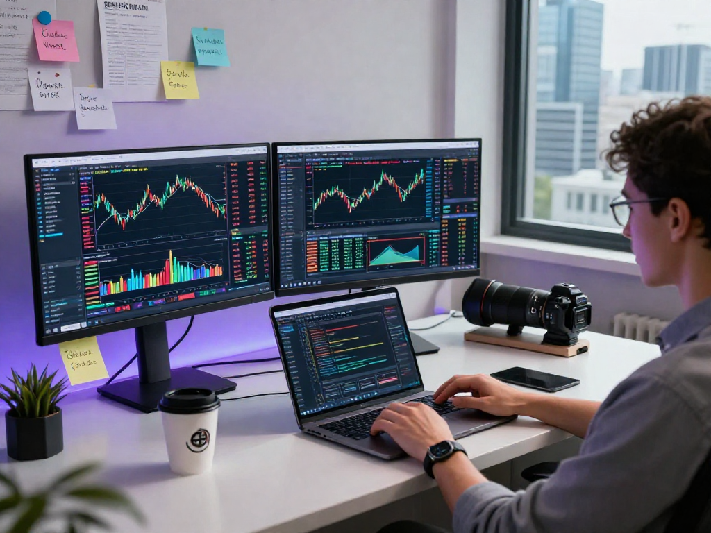 Developer analyzing currency pair historical Kline API on multiple screens in a modern tech workspace.