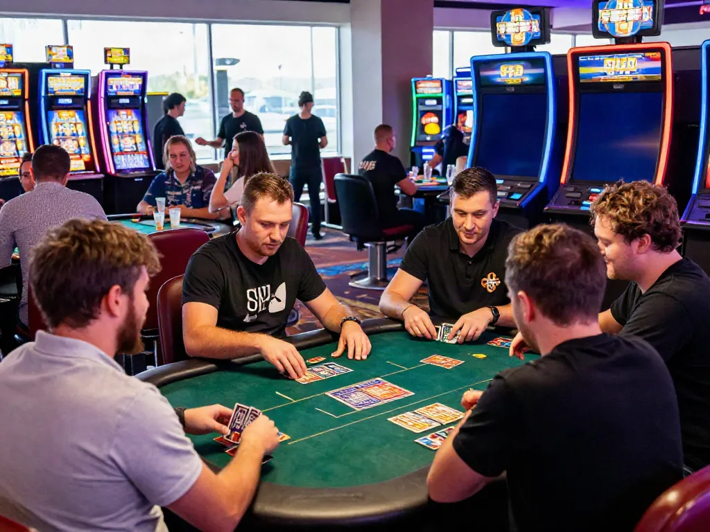 Players at a vibrant credit card casino enjoying gaming tables under bright neon lights.